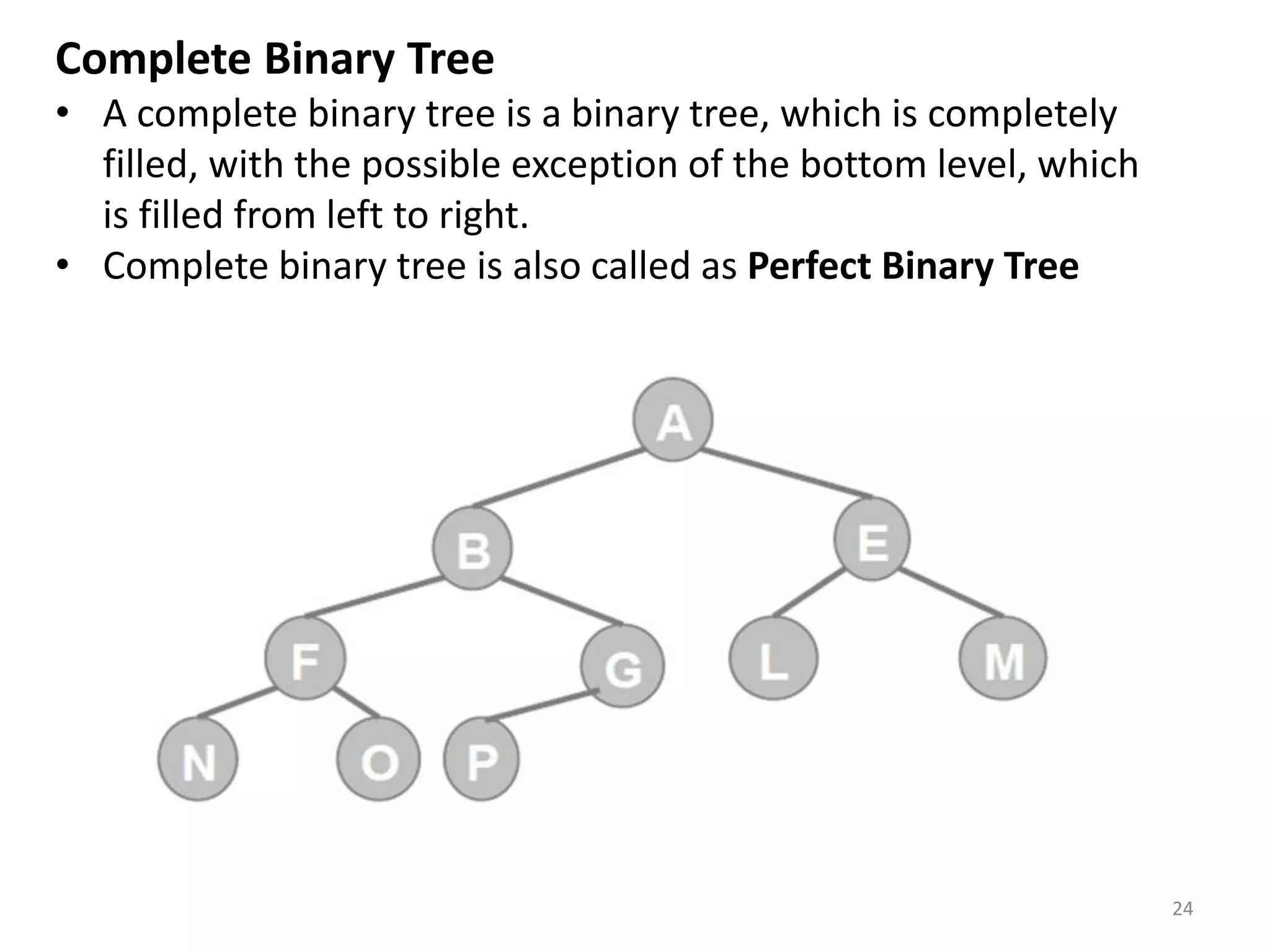 24
Complete Binary Tree
• A complete binary tree is a binary tree, which is completely
filled, with the possible exception of the bottom level, which
is filled from left to right.
• Complete binary tree is also called as Perfect Binary Tree
 