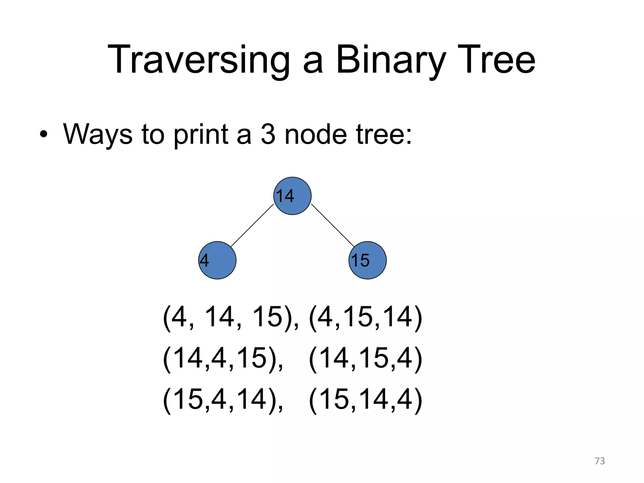 Traversing a Binary Tree
• Ways to print a 3 node tree:
14
15
4
(4, 14, 15), (4,15,14)
(14,4,15), (14,15,4)
(15,4,14), (15,14,4)
73
 