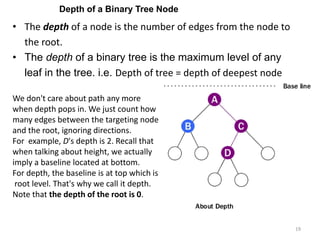 19
• The depth of a node is the number of edges from the node to
the root.
• The depth of a binary tree is the maximum level of any
leaf in the tree. i.e. Depth of tree = depth of deepest node
We don't care about path any more
when depth pops in. We just count how
many edges between the targeting node
and the root, ignoring directions.
For example, D's depth is 2. Recall that
when talking about height, we actually
imply a baseline located at bottom.
For depth, the baseline is at top which is
root level. That's why we call it depth.
Note that the depth of the root is 0.
Depth of a Binary Tree Node
 