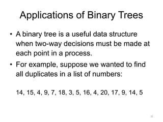 Applications of Binary Trees
• A binary tree is a useful data structure
when two-way decisions must be made at
each point in a process.
• For example, suppose we wanted to find
all duplicates in a list of numbers:
14, 15, 4, 9, 7, 18, 3, 5, 16, 4, 20, 17, 9, 14, 5
31
 