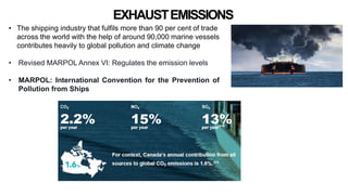 EXHAUSTEMISSIONS
• The shipping industry that fulfils more than 90 per cent of trade
across the world with the help of around 90,000 marine vessels
contributes heavily to global pollution and climate change
• Revised MARPOL Annex VI: Regulates the emission levels
• MARPOL: International Convention for the Prevention of
Pollution from Ships
 