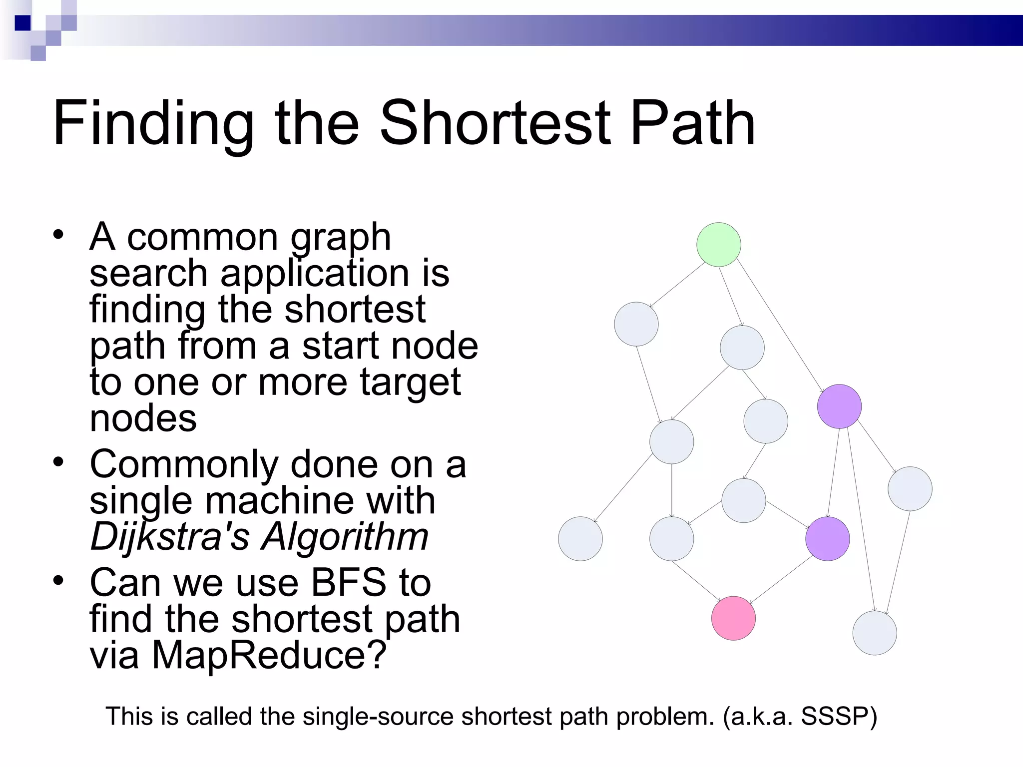 Finding the Shortest Path A common graph search application is finding the shortest path from a start node to one or more target nodes Commonly done on a single machine with  Dijkstra's Algorithm Can we use BFS to find the shortest path via MapReduce? This is called the single-source shortest path problem. (a.k.a. SSSP) 