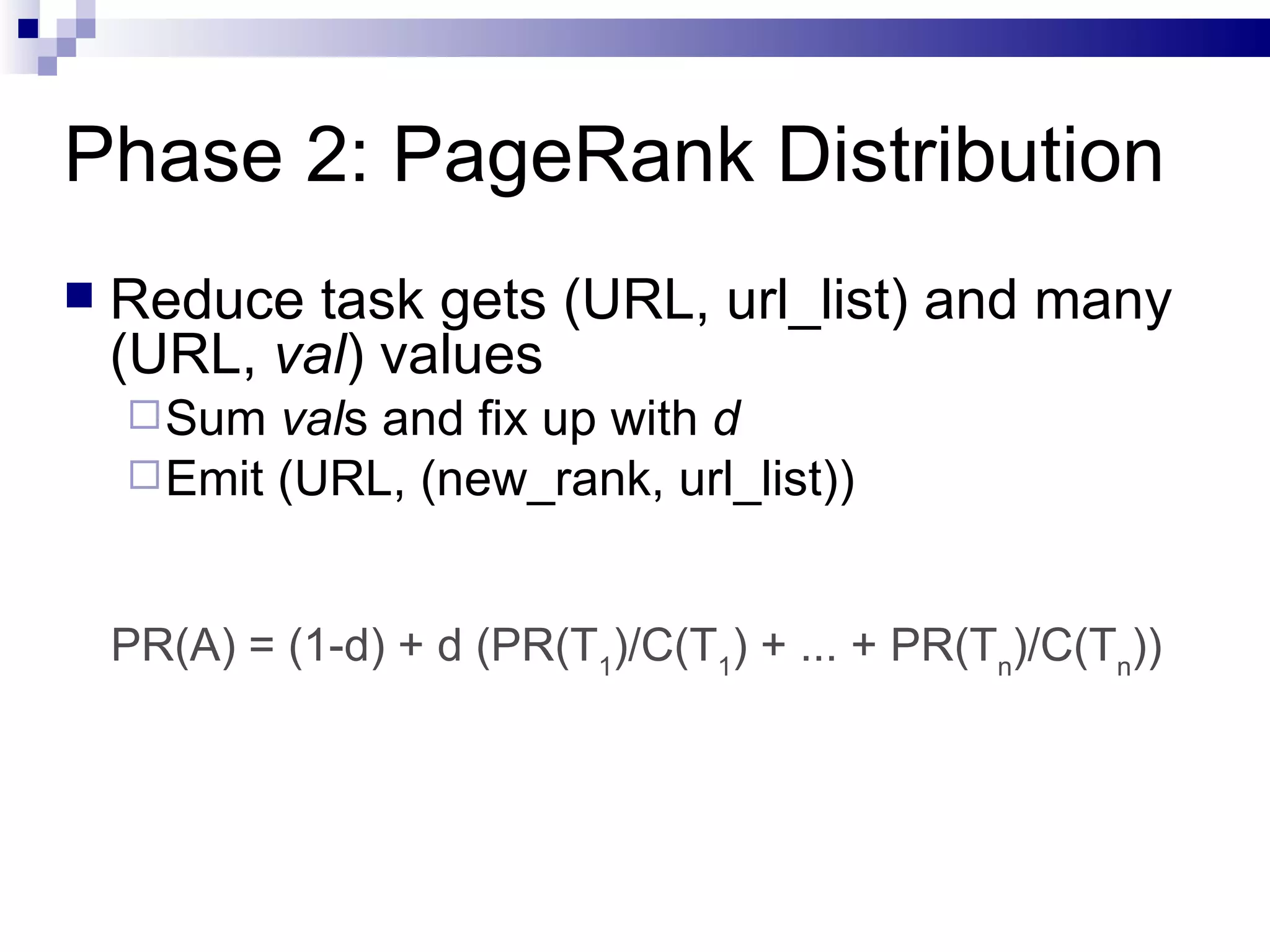 Phase 2: PageRank Distribution Reduce task gets (URL, url_list) and many (URL,  val ) values Sum  val s and fix up with  d Emit (URL, (new_rank, url_list)) PR(A) = (1-d) + d (PR(T 1 )/C(T 1 ) + ... + PR(T n )/C(T n )) 