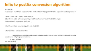 Infix to postfix conversion algorithm
POLISH(Q,P)
Suppose Q is an arithmetic expression written in infix notation. This algorithm finds the equivalent postfix expression P.
1. Push “(“ onto STACK , add “)” to the end of Q.
2. Scan Q from left to right and repeat Step 3 to 6 for each element Q until the STACK is empty:
3. If an operand is encountered, add it to P.
4. If a left parenthesis is countered push it onto the STACK.
5. If an operator ɸ is encountered then
a. Repeatedly pop from the STACK and add to P each operator (on the top of the STACK) which has the same
precedence as or higher precedence than ɸ.
b. Add ɸ to STACK
[End of If Structure]
 