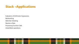 Stack –Applications
Evaluation of Arithmetic Expressions
Backtracking
Delimiter Checking
Reverse a Data
Processing Function Calls
Undo/Redo operations
 