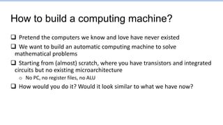 How to build a computing machine?
 Pretend the computers we know and love have never existed
 We want to build an automatic computing machine to solve
mathematical problems
 Starting from (almost) scratch, where you have transistors and integrated
circuits but no existing microarchitecture
o No PC, no register files, no ALU
 How would you do it? Would it look similar to what we have now?
 