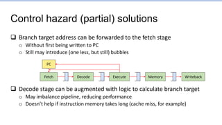 Control hazard (partial) solutions
 Branch target address can be forwarded to the fetch stage
o Without first being written to PC
o Still may introduce (one less, but still) bubbles
 Decode stage can be augmented with logic to calculate branch target
o May imbalance pipeline, reducing performance
o Doesn’t help if instruction memory takes long (cache miss, for example)
Fetch Writeback
Decode Execute Memory
PC
 