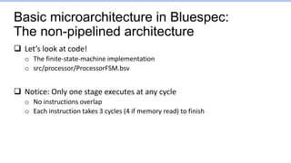 Basic microarchitecture in Bluespec:
The non-pipelined architecture
 Let’s look at code!
o The finite-state-machine implementation
o src/processor/ProcessorFSM.bsv
 Notice: Only one stage executes at any cycle
o No instructions overlap
o Each instruction takes 3 cycles (4 if memory read) to finish
 