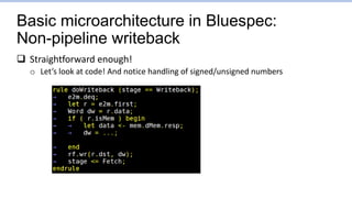 Basic microarchitecture in Bluespec:
Non-pipeline writeback
 Straightforward enough!
o Let’s look at code! And notice handling of signed/unsigned numbers
 