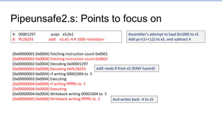 Pipeunsafe2.s: Points to focus on
[0x00000001:0x0004] Fetching instruction count 0x0001
[0x00000002:0x0008] Fetching instruction count 0x0002
[0x00000002:0x0004] Decoding 0x00001297
[0x00000003:0x0008] Decoding 0xffc28293
[0x00000003:0x0004] rf writing 00001004 to 5
[0x00000003:0x0004] Executing
[0x00000004:0x0008] rf writing fffffffc to 5
[0x00000004:0x0008] Executing
[0x00000004:0x0004] Writeback writing 00001004 to 5
[0x00000005:0x0008] Writeback writing fffffffc to 5
4: 00001297 auipc x5,0x1
8: ffc28293 addi x5,x5,-4 # 1000 <testdata>
Assembler’s attempt to load 0x1000 to x5
Add pc+(1<<12) to x5, and subtract 4
addi reads 0 from x5 (RAW hazard)
And writes back -4 to x5
 