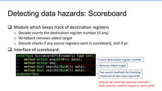 Detecting data hazards: Scoreboard
 Module which keeps track of destination registers
o Decode inserts the destination register number (if any)
o Writeback removes oldest target
o Decode checks if any source registers exist in scoreboard, stall if so
 Interface of scoreboard:
Insert destination register number
Remove oldest target
Two search methods for checking
maximum of two input operands
Why do we need two separate methods?
Both searches need to happen in same cycle!
 
