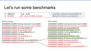 Let’s run some benchmarks
[0x00000001:0x0004] Fetching instruction count 0x0001
[0x00000002:0x0008] Fetching instruction count 0x0002
[0x00000002:0x0004] Decoding 0x00001297
[0x00000003:0x0008] Decoding 0xffc28293
[0x00000003:0x0004] rf writing 00001004 to 5
[0x00000003:0x0004] Executing
[0x00000004:0x0008] rf writing fffffffc to 5
[0x00000004:0x0008] Executing
[0x00000004:0x0004] Writeback writing 00001004 to 5
[0x00000005:0x0008] Writeback writing fffffffc to 5
[0x00000001:0x0004] Fetching instruction count 0x0001
[0x00000002:0x0008] Fetching instruction count 0x0002
[0x00000002:0x0004] Decoding 0x00001297
[0x00000003:0x0008] Decode stalled -- 5 0
[0x00000003:0x0004] rf writing 00001004 to 5
[0x00000003:0x0004] Executing
[0x00000004:0x0008] Decode stalled -- 5 0
[0x00000004:0x0004] Writeback writing 00001004 to 5
[0x00000005:0x0008] Decoding 0xffc28293
[0x00000006:0x0008] rf writing 00001000 to 5
[0x00000006:0x0008] Executing
[0x00000007:0x0008] Writeback writing 00001000 to 5
4: 00001297 auipc x5,0x1
8: ffc28293 addi x5,x5,-4 # 1000 <testdata>
Assembler’s attempt to load 0x1000 to x5
Add pc+(1<<12) to x5, and subtract 4
Without stalling With stalling
 