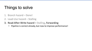 Things to solve
1. Branch hazard – Done!
2. Load-Use hazard – Stalling
3. Read-After-Write hazard – Stalling, Forwarding
• Pipeline is correct already, but now to improve performance!
 