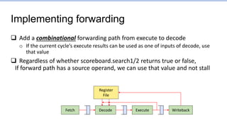 Implementing forwarding
 Add a combinational forwarding path from execute to decode
o If the current cycle’s execute results can be used as one of inputs of decode, use
that value
 Regardless of whether scoreboard.search1/2 returns true or false,
If forward path has a source operand, we can use that value and not stall
Fetch Writeback
Decode Execute
Register
File
 