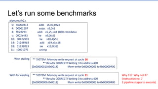 Let’s run some benchmarks
0: 40000313 addi x6,x0,1024
4: 00001297 auipc x5,0x1
8: ffc28293 addi x5,x5,-4 # 1000 <testdata>
c: 0002a483 lw x9,0(x5)
10: 0042a903 lw x18,4(x5)
14: 012489b3 add x19,x9,x18
18: 01332023 sw x19,0(x6)
1c: c0001073 unimp
** SYSTEM: Memory write request at cycle 11
** Results CORRECT! Writing 3 to address 400
[0x0000000b:0x0018] Mem write 0x00000003 to 0x00000400
** SYSTEM: Memory write request at cycle 16
** Results CORRECT! Writing 3 to address 400
[0x00000010:0x0018] Mem write 0x00000003 to 0x00000400
With stalling
With forwarding Why 11? Why not 8?
(Instruction no. 7
2 pipeline stages to execute)
pipeunsafe2.s
 