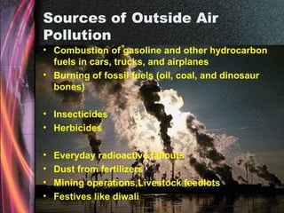 Sources of Outside Air
Pollution
• Combustion of gasoline and other hydrocarbon
fuels in cars, trucks, and airplanes
• Burning of fossil fuels (oil, coal, and dinosaur
bones)
• Insecticides
• Herbicides
• Everyday radioactive fallouts
• Dust from fertilizers
• Mining operations,Livestock feedlots
• Festives like diwali
 