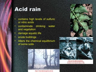 Acid rain
• contains high levels of sulfuric
or nitric acids
• contaminate drinking water
and vegetation
• damage aquatic life
• erode buildings
• Alters the chemical equilibrium
of some soils
 