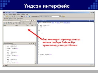 Үндсэн интерфейс

Энэ командыг хэрэгжүүлснээр
ажлын талбарт байсан бүх
хувьсагчид устгагдах болно.

 