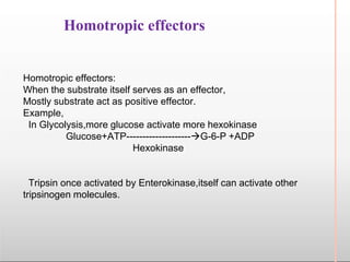 Homotropic effectors
Homotropic effectors:
When the substrate itself serves as an effector,
Mostly substrate act as positive effector.
Example,
In Glycolysis,more glucose activate more hexokinase
Glucose+ATP--------------------G-6-P +ADP
Hexokinase
Tripsin once activated by Enterokinase,itself can activate other
tripsinogen molecules.
 