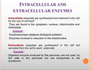 INTRACELLULAR AND
EXTRACELLULAR ENZYMES
o Intracellular enzymes are synthesized and retained in the cell
for the use of cell itself.
o They are found in the cytoplasm, nucleus, mitochondria and
chloroplast.
Example :
 Oxydoreductase catalyses biological oxidation.
 Enzymes involved in reduction in the mitochondria.
in the cell buto Extracellular enzymes are synthesized
secreted from the cell to work externally.
Example :
 Digestive enzyme produced by the pancreas, are not used by
the cells in the pancreas but are transported to the
duodenum.
 