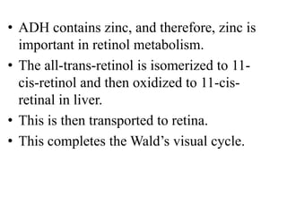 • ADH contains zinc, and therefore, zinc is
  important in retinol metabolism.
• The all-trans-retinol is isomerized to 11-
  cis-retinol and then oxidized to 11-cis-
  retinal in liver.
• This is then transported to retina.
• This completes the Wald’s visual cycle.
 