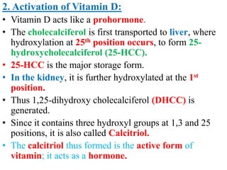 2. Activation of Vitamin D:
• Vitamin D acts like a prohormone.
• The cholecalciferol is first transported to liver, where
  hydroxylation at 25th position occurs, to form 25-
  hydroxycholecalciferol (25-HCC).
• 25-HCC is the major storage form.
• In the kidney, it is further hydroxylated at the 1st
  position.
• Thus 1,25-dihydroxy cholecalciferol (DHCC) is
  generated.
• Since it contains three hydroxyl groups at 1,3 and 25
  positions, it is also called Calcitriol.
• The calcitriol thus formed is the active form of
  vitamin; it acts as a hormone.
 