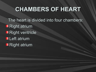 CHAMBERS OF HEARTCHAMBERS OF HEART
The heart is divided into four chambers:The heart is divided into four chambers:
Right atriumRight atrium
Right ventricleRight ventricle
Left atriumLeft atrium
Right atriumRight atrium
 