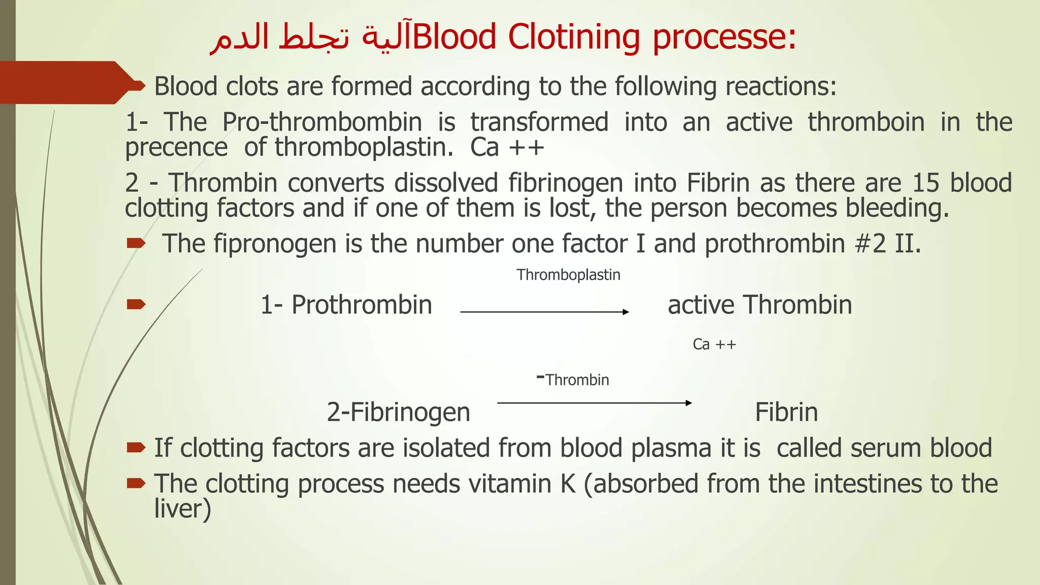 ‫الدم‬ ‫تجلط‬ ‫آلية‬Blood Clotining processe:
 Blood clots are formed according to the following reactions:
1- The Pro-thrombombin is transformed into an active thromboin in the
precence of thromboplastin. Ca ++
2 - Thrombin converts dissolved fibrinogen into Fibrin as there are 15 blood
clotting factors and if one of them is lost, the person becomes bleeding.
 The fipronogen is the number one factor I and prothrombin #2 II.
Thromboplastin
 1- Prothrombin active Thrombin
Ca ++
-Thrombin
2-Fibrinogen Fibrin
 If clotting factors are isolated from blood plasma it is called serum blood
 The clotting process needs vitamin K (absorbed from the intestines to the
liver)
 