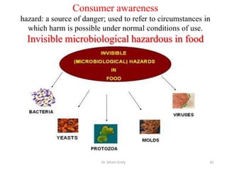 Consumer awareness
hazard: a source of danger; used to refer to circumstances in
which harm is possible under normal conditions of use.
Invisible microbiological hazardous in food
Dr. Siham Gritly 10
 