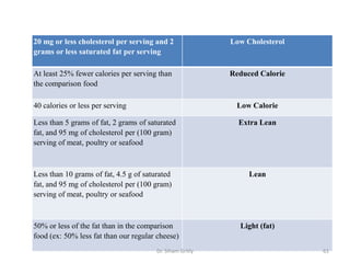 Low Cholesterol20 mg or less cholesterol per serving and 2
grams or less saturated fat per serving
Reduced CalorieAt least 25% fewer calories per serving than
the comparison food
Low Calorie40 calories or less per serving
Extra LeanLess than 5 grams of fat, 2 grams of saturated
fat, and 95 mg of cholesterol per (100 gram)
serving of meat, poultry or seafood
LeanLess than 10 grams of fat, 4.5 g of saturated
fat, and 95 mg of cholesterol per (100 gram)
serving of meat, poultry or seafood
Light (fat)50% or less of the fat than in the comparison
food (ex: 50% less fat than our regular cheese)
61Dr. Siham Gritly
 