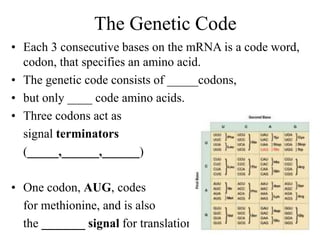 The Genetic Code
• Each 3 consecutive bases on the mRNA is a code word,
codon, that specifies an amino acid.
• The genetic code consists of _____codons,
• but only ____ code amino acids.
• Three codons act as
signal terminators
(_____,______,______)
• One codon, AUG, codes
for methionine, and is also
the _______ signal for translation.
 