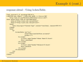 Example 4 (cont.)
response.xhtml : Using h:dataTable.
<?xml version="1.0" encoding="UTF-8"?>
<!DOCTYPE html PUBLIC "-//W3C//DTD XHTML 1.0 Strict//EN"
"http://www.w3.org/TR/xhtml1/DTD/xhtml1-strict.dtd">
<html xmlns="http://www.w3.org/1999/xhtml"
xmlns:h="http://java.sun.com/jsf/html"
xmlns:f="http://java.sun.com/jsf/core">
<head>
<meta http-equiv="Content-Type" content="text/html; charset=UTF-8"/>
</head>
<body>
<p>
<h:dataTable var="acc"
value="#{accountInfoView.accounts}"
border="1">
<h:column>
<f:facet name="header">Owner Name</f:facet>
#{acc.ownerName}
</h:column>
<h:column>
<f:facet name="header">Balance</f:facet>
#{acc.balance}
</h:column>
</h:dataTable>
</p>
</body>
</html>
E-Commerce Systems 48
 