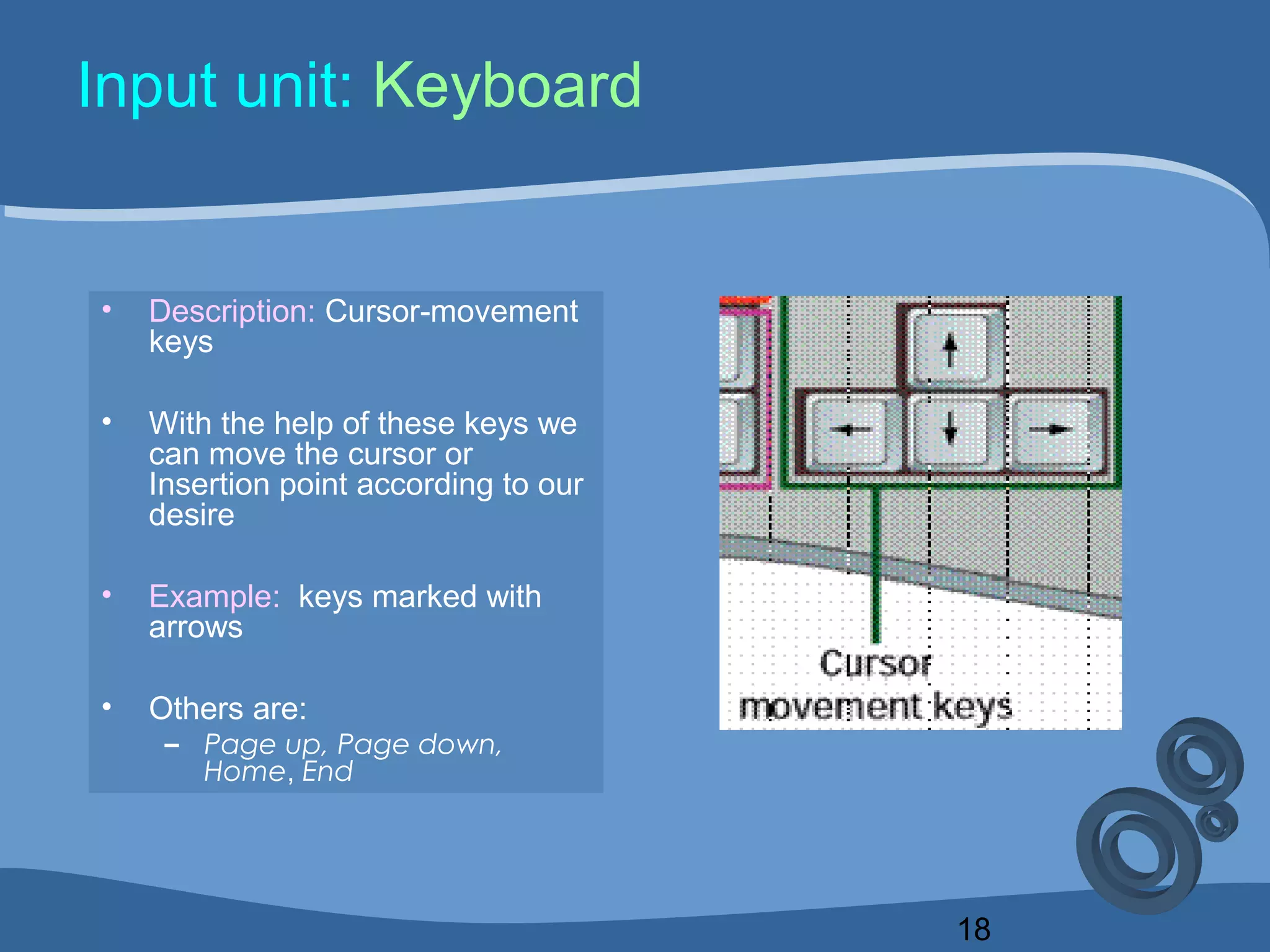 18
Input unit: Keyboard
• Description: Cursor-movement
keys
• With the help of these keys we
can move the cursor or
Insertion point according to our
desire
• Example: keys marked with
arrows
• Others are:
– Page up, Page down,
Home, End
 
