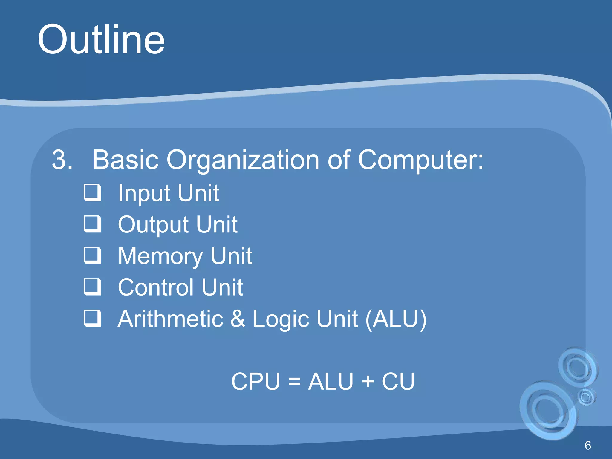 6
Outline
3. Basic Organization of Computer:
 Input Unit
 Output Unit
 Memory Unit
 Control Unit
 Arithmetic & Logic Unit (ALU)
CPU = ALU + CU
 