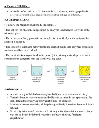 4
◘ Types of ELISA :-
- A number of variations of ELISA have been developed, allowing qualitative
detection or quantitative measurement of either antigen or antibody .
♠ A . Indirect ELISA :
• It detects the presence of Antibody in a sample .
• The antigen for which the sample must be analyzed is adhered to the wells of the
microtiter plate .
• The primary antibody present in the sample bind specifically to the antigen after
addition of sample .
• The solution is washed to remove unbound antibodies and then enzymes conjugated
secondary antibodies are added .
• The substrate foe enzyme is added to quantify the primary antibody present in the
serum directly correlates with the intensity of the color .
♦ Advantages :-
- A wide variety of labeled secondary antibodies are available commercially.
- Versatile because many primary antibodies can be made in one species and the
same labeled secondary antibody can be used for detection .
- Maximum immunoreactivity of the primary antibody is retained because it is not
labeled .
- Sensitivity is increased because each primary antibody contains several epitopes
that can be bound by labeled secondary antibody, allowing for signal
amplification .
 