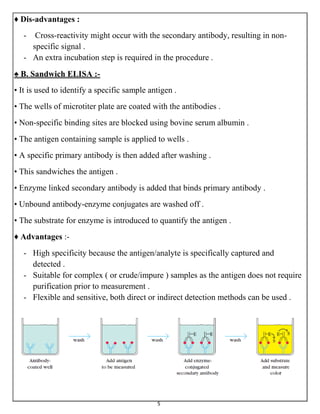 5
♦ Dis-advantages :
- Cross-reactivity might occur with the secondary antibody, resulting in non-
specific signal .
- An extra incubation step is required in the procedure .
♠ B. Sandwich ELISA :-
• It is used to identify a specific sample antigen .
• The wells of microtiter plate are coated with the antibodies .
• Non-specific binding sites are blocked using bovine serum albumin .
• The antigen containing sample is applied to wells .
• A specific primary antibody is then added after washing .
• This sandwiches the antigen .
• Enzyme linked secondary antibody is added that binds primary antibody .
• Unbound antibody-enzyme conjugates are washed off .
• The substrate for enzyme is introduced to quantify the antigen .
♦ Advantages :-
- High specificity because the antigen/analyte is specifically captured and
detected .
- Suitable for complex ( or crude/impure ) samples as the antigen does not require
purification prior to measurement .
- Flexible and sensitive, both direct or indirect detection methods can be used .
 