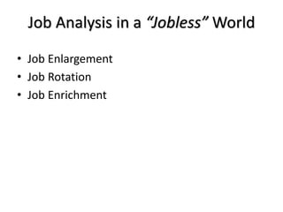 Job Analysis in a “Jobless” World
• Job Enlargement
• Job Rotation
• Job Enrichment
 