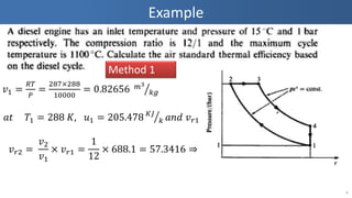 Example
4
𝑣1 =
𝑅𝑇
𝑃
=
287×288
10000
= 0.82656 𝑚3
𝑘𝑔
𝑎𝑡 𝑇1 = 288 𝐾, 𝑢1 = 205.478 𝐾𝐽
𝑘 𝑎𝑛𝑑 𝑣 𝑟1 =688.1
𝑣 𝑟2 =
𝑣2
𝑣1
× 𝑣 𝑟1 =
1
12
× 688.1 = 57.3416 ⇒ 𝑇2 = 751.37 𝑎𝑛𝑑 ℎ2 = 768.79
Method 1
 