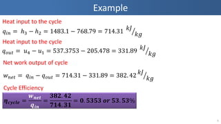 Example
6
Heat input to the cycle
𝑞𝑖𝑛 = ℎ3 − ℎ2 = 1483.1 − 768.79 = 714.31
𝑘𝐽
𝑘𝑔
Heat input to the cycle
𝑞 𝑜𝑢𝑡 = 𝑢4 − 𝑢1 = 537.3753 − 205.478 = 331.89
𝑘𝐽
𝑘𝑔
Net work output of cycle
𝑤 𝑛𝑒𝑡 = 𝑞𝑖𝑛 − 𝑞 𝑜𝑢𝑡 = 714.31 − 331.89 = 382. 42
𝑘𝐽
𝑘𝑔
Cycle Efficiency
𝜼 𝒄𝒚𝒄𝒍𝒆 =
𝒘 𝒏𝒆𝒕
𝒒𝒊𝒏
=
𝟑𝟖𝟐. 𝟒𝟐
𝟕𝟏𝟒. 𝟑𝟏
= 𝟎. 𝟓𝟑𝟓𝟑 𝒐𝒓 𝟓𝟑. 𝟓𝟑%
 