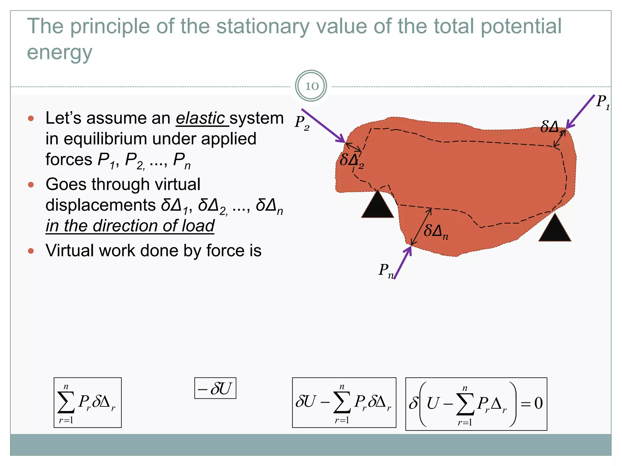 The principle of the stationary value of the total potential
energy
 Let’s assume an elastic system
in equilibrium under applied
forces P1, P2, ..., Pn
 Goes through virtual
displacements δΔ1, δΔ2, ..., δΔn
in the direction of load
 Virtual work done by force is
P1
Pn
P2 δΔ1
δΔ2
δΔn


n
r
rrP
1

U


n
r
rrPU
1
 0
1







n
r
rrPU
10
 