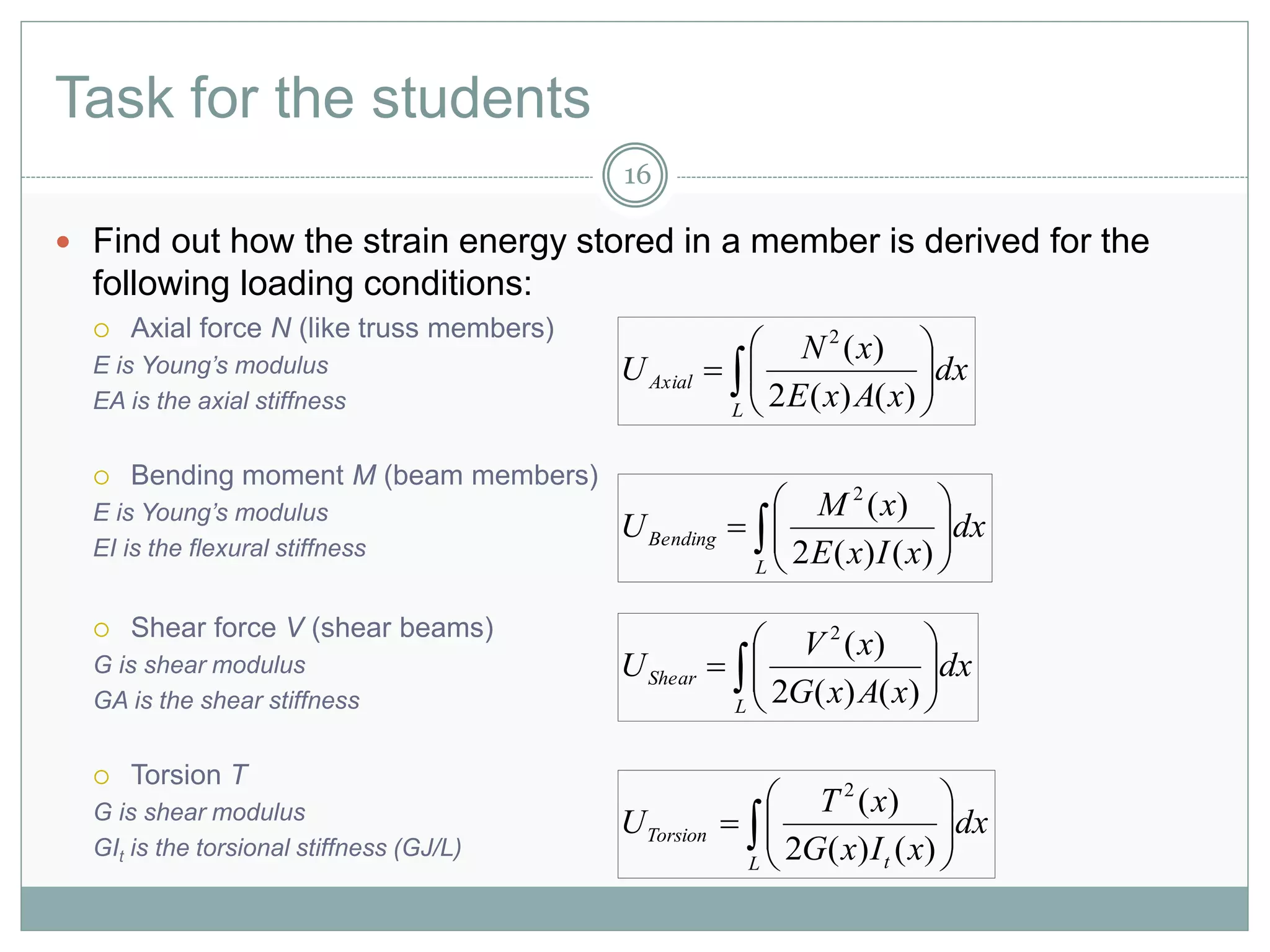 Task for the students
 Find out how the strain energy stored in a member is derived for the
following loading conditions:
 Axial force N (like truss members)
E is Young’s modulus
EA is the axial stiffness
 Bending moment M (beam members)
E is Young’s modulus
EI is the flexural stiffness
 Shear force V (shear beams)
G is shear modulus
GA is the shear stiffness
 Torsion T
G is shear modulus
GIt is the torsional stiffness (GJ/L)
 






L
Axial dx
xAxE
xN
U
)()(2
)(2
 






L
Bending dx
xIxE
xM
U
)()(2
)(2
 






L
Shear dx
xAxG
xV
U
)()(2
)(2
 






L t
Torsion dx
xIxG
xT
U
)()(2
)(2
16
 