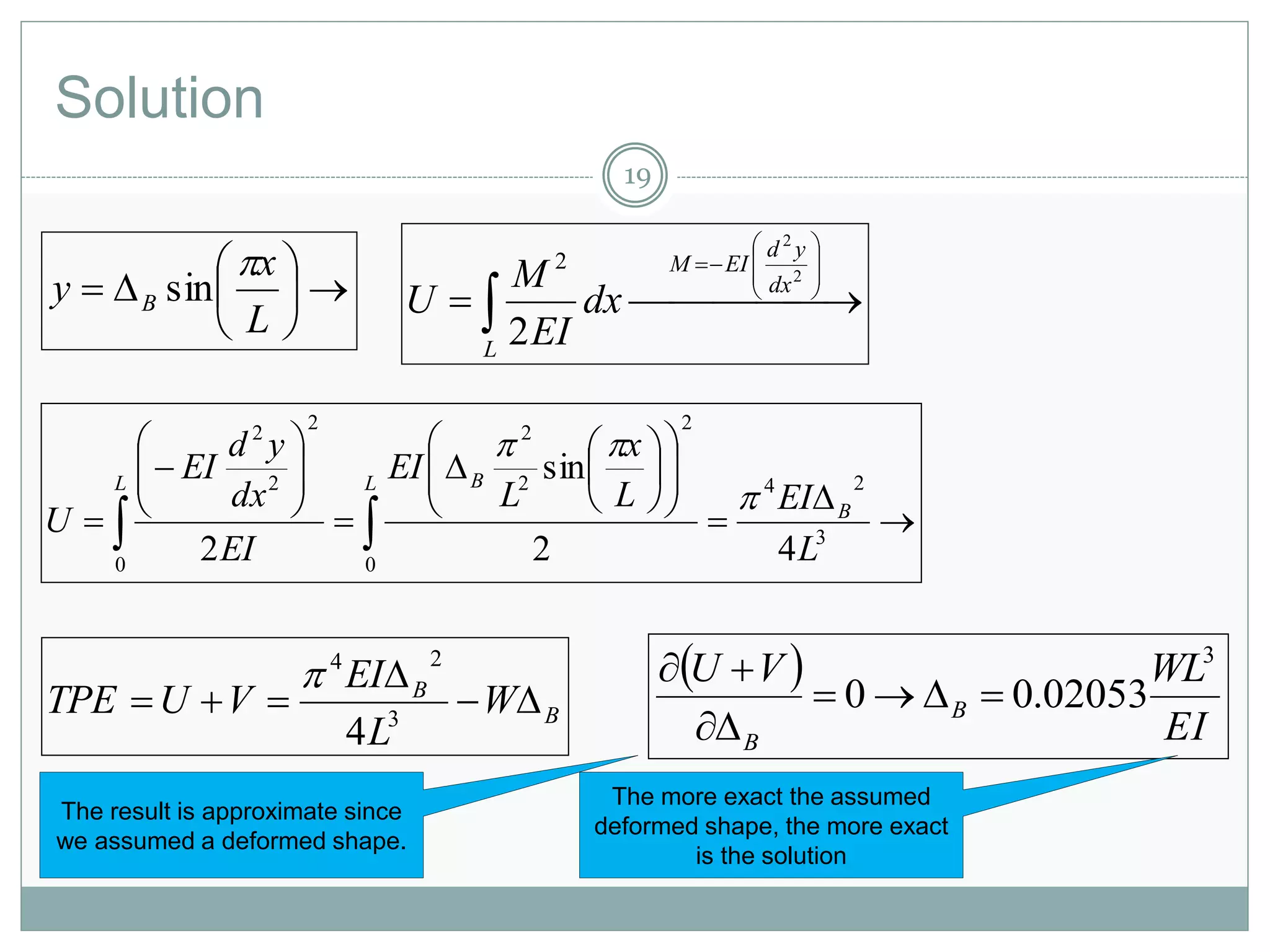 Solution
19







L
x
y B

sin  










2
2
2
2
dx
yd
EIM
L
dx
EI
M
U
B
B
W
L
EI
VUTPE 

 3
24
4
  
EI
WLVU
B
B
3
02053.00 


























  3
24
0
2
2
2
0
2
2
2
42
sin
2 L
EIL
x
L
EI
EI
dx
yd
EI
U B
L BL


The result is approximate since
we assumed a deformed shape.
The more exact the assumed
deformed shape, the more exact
is the solution
 