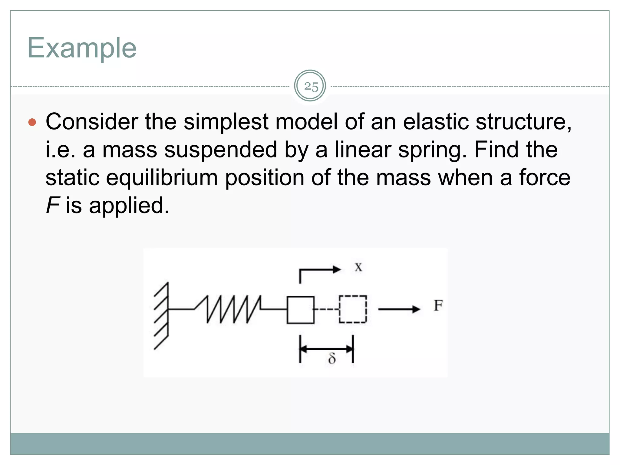 Example
25
 Consider the simplest model of an elastic structure,
i.e. a mass suspended by a linear spring. Find the
static equilibrium position of the mass when a force
F is applied.
 