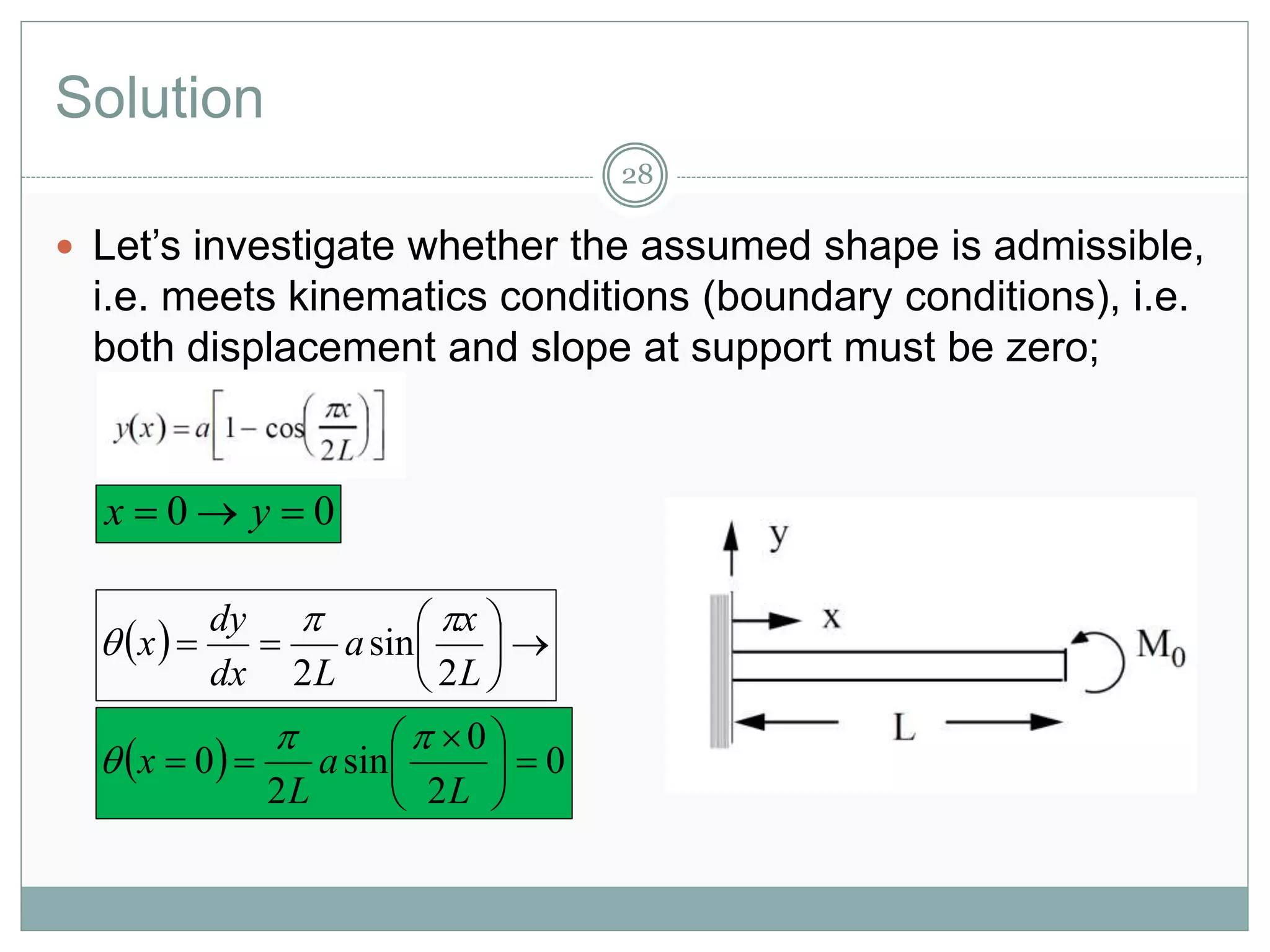 Solution
28
 Let’s investigate whether the assumed shape is admissible,
i.e. meets kinematics conditions (boundary conditions), i.e.
both displacement and slope at support must be zero;
00  yx
  






L
x
a
Ldx
dy
x
2
sin
2


  0
2
0
sin
2
0 




 

L
a
L
x


 
