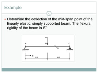 Example
 Determine the deflection of the mid-span point of the
linearly elastic, simply supported beam. The flexural
rigidity of the beam is EI.
x
17
 