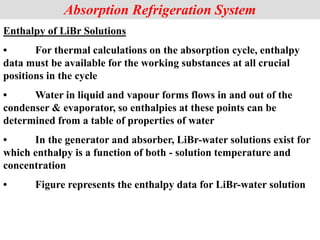 Absorption Refrigeration System
Enthalpy of LiBr Solutions
• For thermal calculations on the absorption cycle, enthalpy
data must be available for the working substances at all crucial
positions in the cycle
• Water in liquid and vapour forms flows in and out of the
condenser & evaporator, so enthalpies at these points can be
determined from a table of properties of water
• In the generator and absorber, LiBr-water solutions exist for
which enthalpy is a function of both - solution temperature and
concentration
• Figure represents the enthalpy data for LiBr-water solution
 