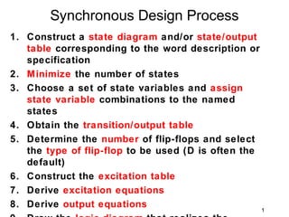 Synchronous Design Process
1. Construct a state diagram and/or state/output
   table corresponding to the word description or
   specification
2. Minimize the number of states
3. Choose a set of state variables and assign
   state variable combinations to the named
   states
4. Obtain the transition/output table
5. Determine the number of flip-flops and select
   the type of flip-flop to be used (D is often the
   default)
6. Construct the excitation table
7. Derive excitation equations
8. Derive output equations                          1
 