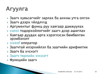  Заагч хувьсагчийг зарлах ба анхны утга олгох
 Заагч дээрх үйлдлүүд
 Аргументыг функц руу хаягаар дамжуулах
 const тодорхойлогчийг заагч дээр ашиглах
 Хаягаар дуудах арга хэрэглэсэн бөмбөлгөн
эрэмбэлэлт
 sizeof оператор
 Заагчтай илэрхийлэл ба заагчийн арифметик
 Заагч ба хүснэгт
 Заагч төрлийн хүснэгт
 Функцийн заагч
5012/16/2015Vanderbilt university
 