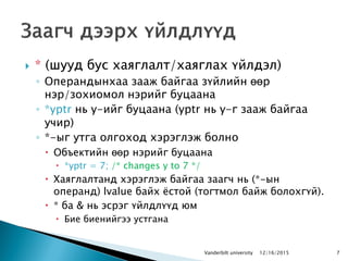  * (шууд бус хаяглалт/хаяглах үйлдэл)
◦ Операндынхаа зааж байгаа зүйлийн өөр
нэр/зохиомол нэрийг буцаана
◦ *yptr нь y-ийг буцаана (yptr нь y-г зааж байгаа
учир)
◦ *-ыг утга олгоход хэрэглэж болно
 Объектийн өөр нэрийг буцаана
 *yptr = 7; /* changes y to 7 */
 Хаяглалтанд хэрэглэж байгаа заагч нь (*-ын
операнд) lvalue байх ѐстой (тогтмол байж болохгүй).
 * ба & нь эсрэг үйлдлүүд юм
 Бие биенийгээ устгана
712/16/2015Vanderbilt university
 