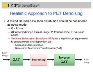 Realistic Approach to PET Denoising
• A mixed Gaussian-Poisson distribution should be considered
as noise model
– O = P.I + n
– (O: observed image, I: clean image, P: Poisson noise, n: Gaussian
noise)
– Variance Stabilization Transform (VST): take logarithm, or square root
to separate out signal dependent part
• Anscombe’sTransformation
• Generalized Anscombe’s Transformation (GAT)
52
GAT
Inverse
GAT
Smoothing Clean
Image
Noisy
Image
 
